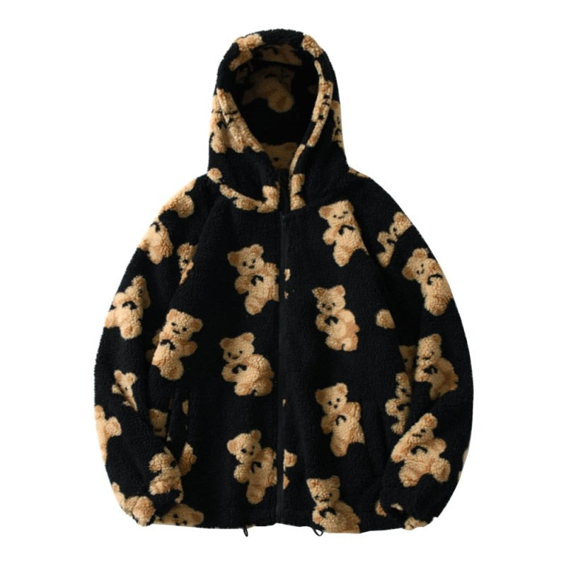 Oversized Sherpa jacket featuring a whimsical teddy bear print and an attached hood, perfect for cozy casual wear in cold weather. 1