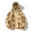 Oversized Sherpa jacket featuring a whimsical teddy bear print and an attached hood, perfect for cozy casual wear in cold weather. 2