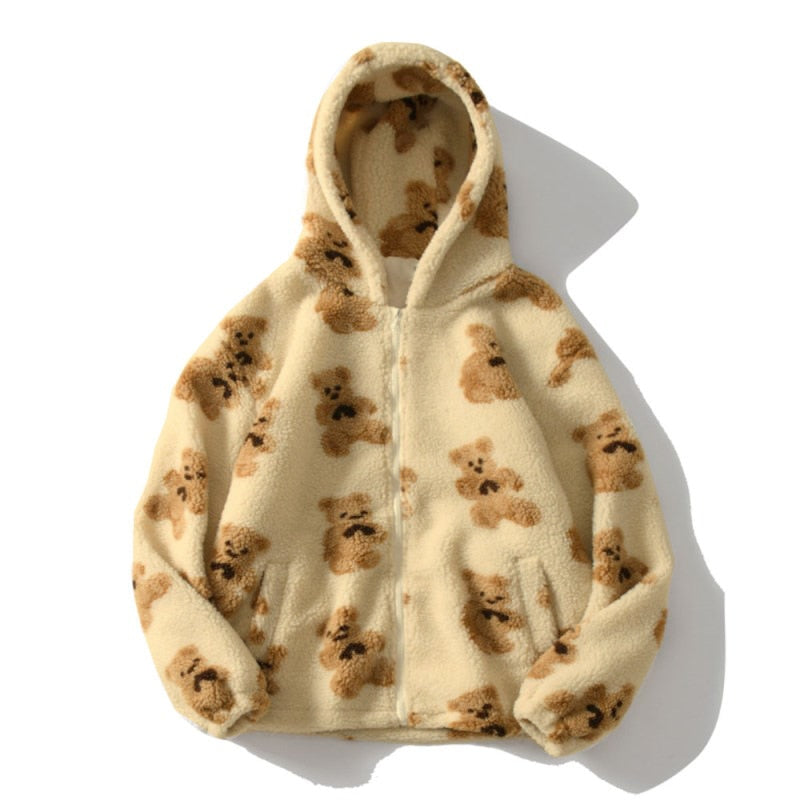 Oversized Sherpa jacket featuring a whimsical teddy bear print and an attached hood, perfect for cozy casual wear in cold weather. 2