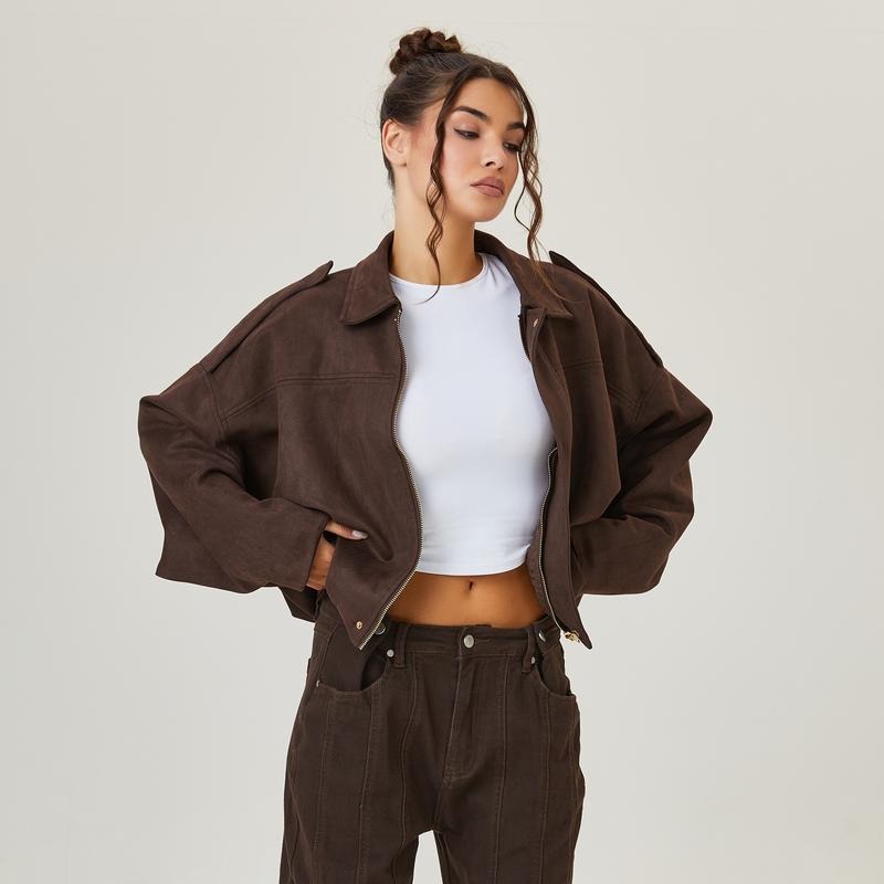 Oversized suede-style bomber jacket for women featuring a zip front and drop shoulders, perfect for casual fashion outerwear. 0