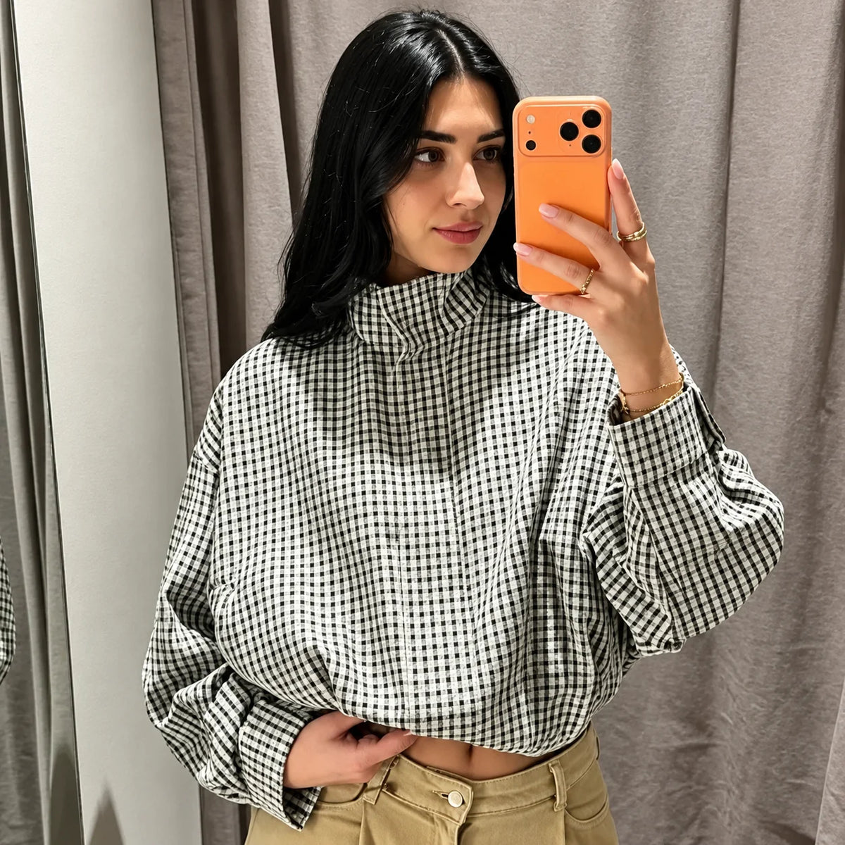 Plaid crop bomber jacket for women featuring ribbed cuffs, lightweight zip-up design perfect for spring and autumn layering. 6