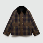 Plaid jacket featuring a corduroy collar and snap buttons, designed with a relaxed fit and hip length, showcasing a stylish tartan check print. 1