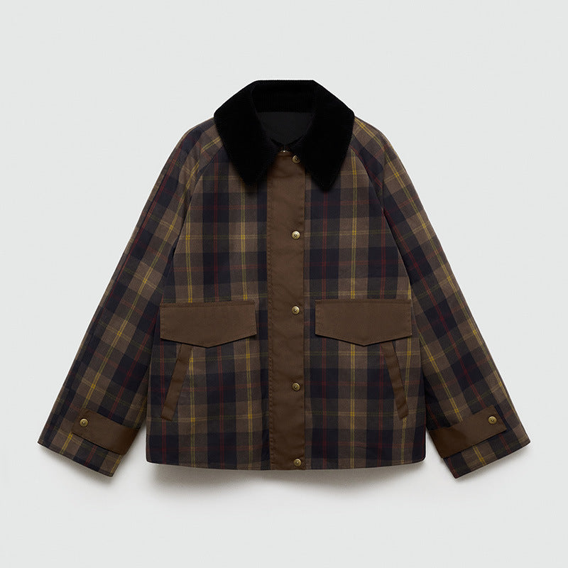 Plaid jacket featuring a corduroy collar and snap buttons, designed with a relaxed fit and hip length, showcasing a stylish tartan check print. 1