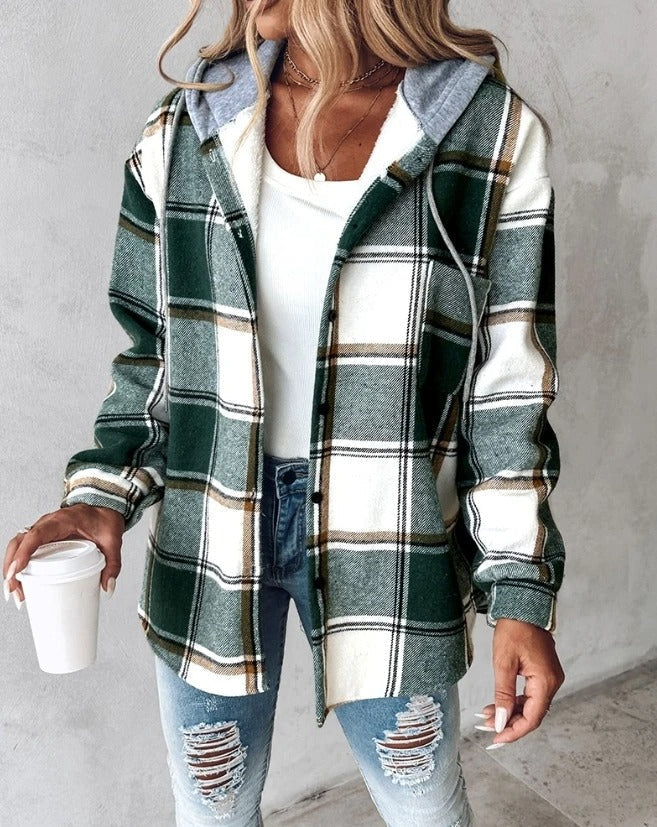 Plaid shacket for women featuring an attached drawstring hood and relaxed fit, perfect for casual layering in stylish autumn outfits. 0