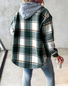 Plaid shacket for women featuring an attached drawstring hood and relaxed fit, perfect for casual layering in stylish autumn outfits. 1