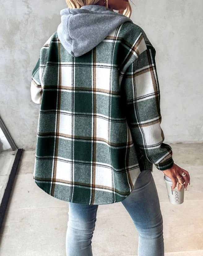 Plaid shacket for women featuring an attached drawstring hood and relaxed fit, perfect for casual layering in stylish autumn outfits. 1