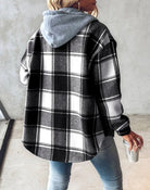 Plaid shacket for women featuring an attached drawstring hood and relaxed fit, perfect for casual layering in stylish autumn outfits. 3