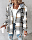 Plaid shacket for women featuring an attached drawstring hood and relaxed fit, perfect for casual layering in stylish autumn outfits. 4