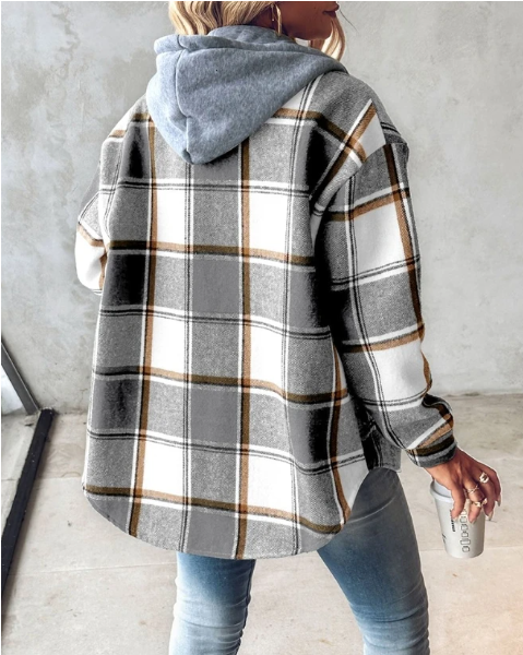 Plaid shacket for women featuring an attached drawstring hood and relaxed fit, perfect for casual layering in stylish autumn outfits. 5