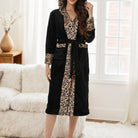 Plush fleece dressing gown with leopard trim and tie belt, knee length relaxed fit available in rose red, khaki, white, and black. 3