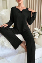Ribbed knit women's pajama set featuring a relaxed full-length fit, lettuce edge detailing, and satin bow accent, available in rose pink, grey 5