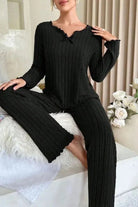 Ribbed knit women's pajama set featuring a relaxed full-length fit, lettuce edge detailing, and satin bow accent, available in rose pink, grey 7
