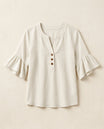 Ruffle blouse with V-neckline and decorative buttons, showcasing a feminine elegant design in soft fabric, perfect for stylish casual or formal wear. 6