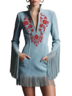Short blue faux suede dress featuring intricate embroidery and playful tassels, perfect for a stylish Western-inspired look. 0