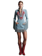 Short blue faux suede dress featuring intricate embroidery and playful tassels, perfect for a stylish Western-inspired look. 3