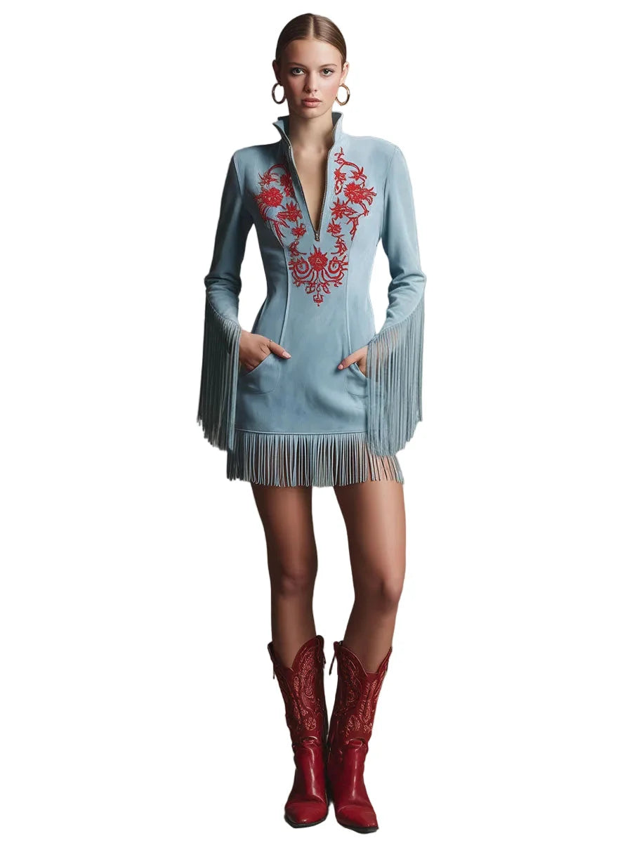 Short blue faux suede dress featuring intricate embroidery and playful tassels, perfect for a stylish Western-inspired look. 3
