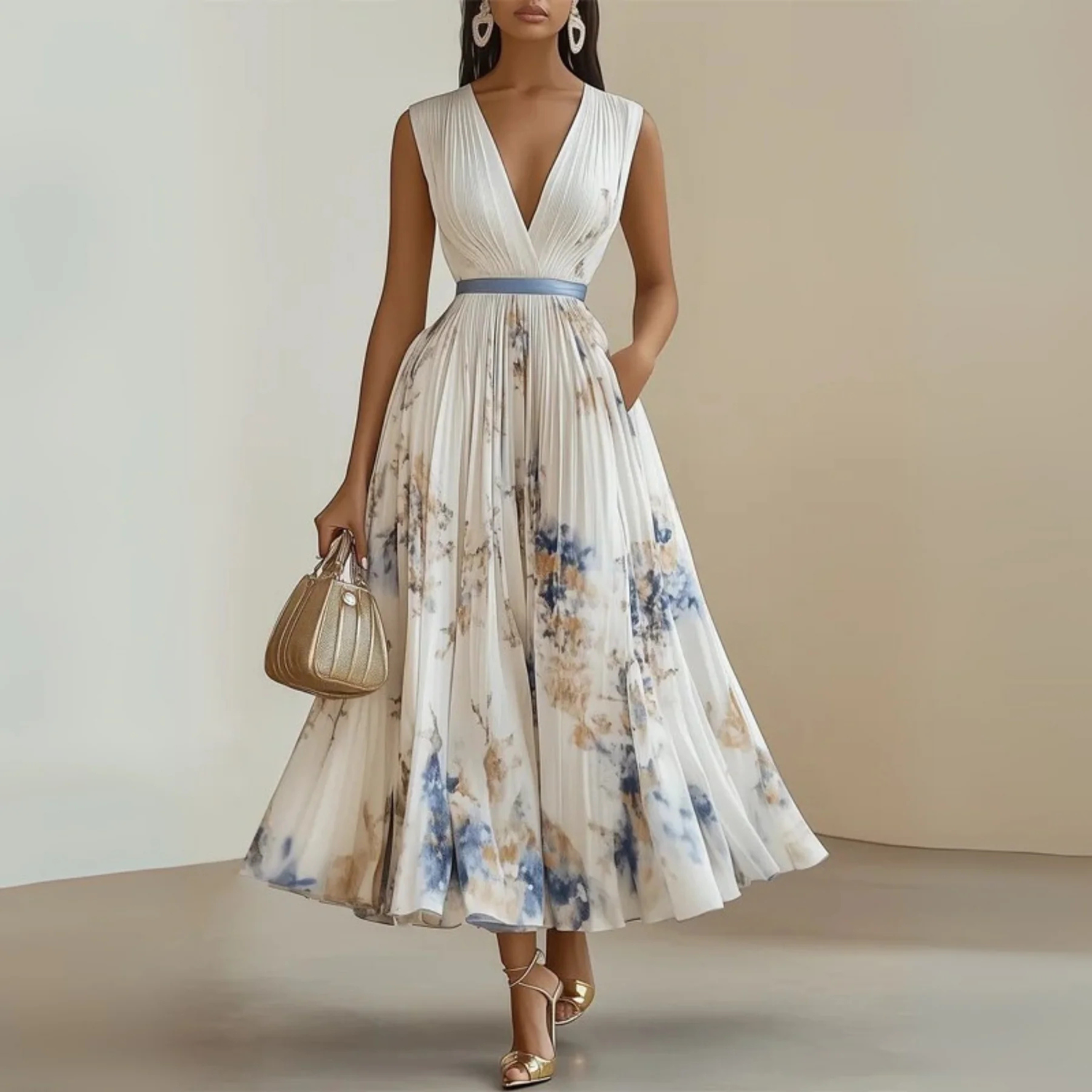Sleeveless floral maxi dress featuring a pleated design and elegant V-neck, perfect for women's summer fashion. 0