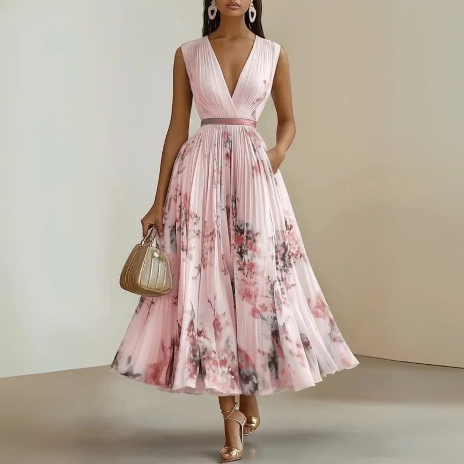 Sleeveless floral maxi dress featuring a pleated design and elegant V-neck, perfect for women's summer fashion. 1