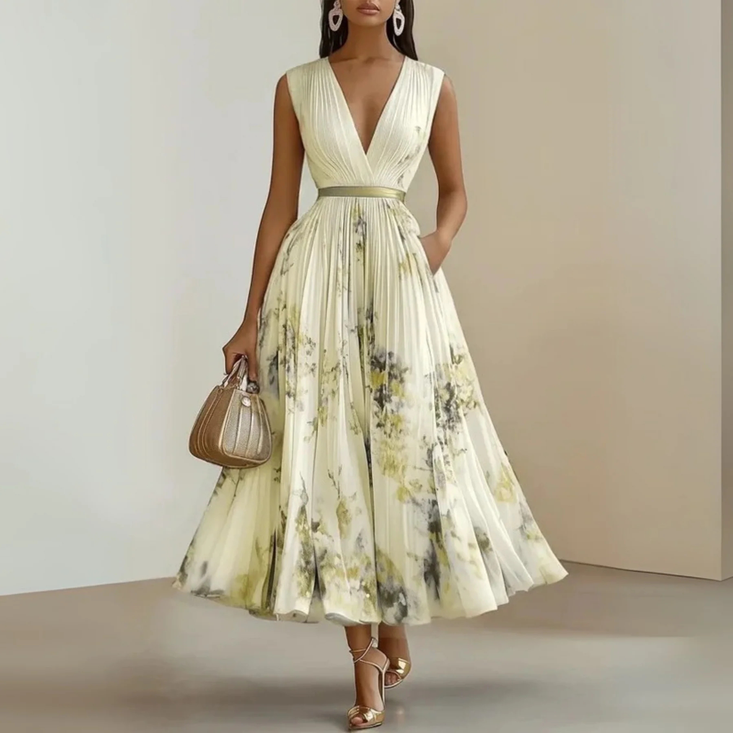 Sleeveless floral maxi dress featuring a pleated design and elegant V-neck, perfect for women's summer fashion. 3
