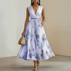 Sleeveless floral maxi dress featuring a pleated design and elegant V-neck, perfect for women's summer fashion. 4