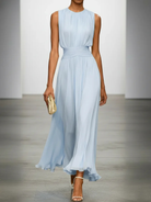Sleeveless maxi dress featuring a ruched bodice and a flowing A-line skirt, perfect for elegant occasions and casual outings for women. 0