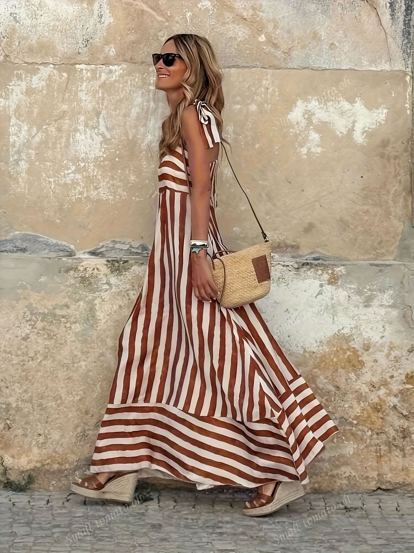 Elegant striped maxi dress featuring adjustable tie straps and a flowing full skirt, perfect for women seeking stylish and comfortable summer wear. 1