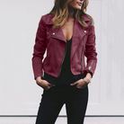 Suede biker jacket for women featuring an asymmetric zip, lapel collar, and cropped fit, perfect for a stylish motorcycle look. 4