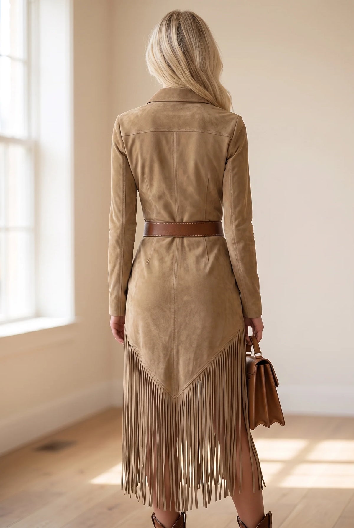 Suede fringed dress with edgeless neckline in four colors, showcasing a chic and stylish design perfect for any occasion. 2