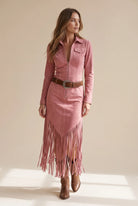 Suede fringed dress with edgeless neckline in four colors, showcasing a chic and stylish design perfect for any occasion. 4
