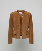 Tan suede jacket featuring a gold button front and a stylish collarless neckline, designed in a cropped tailored fit for a chic, modern look. 4