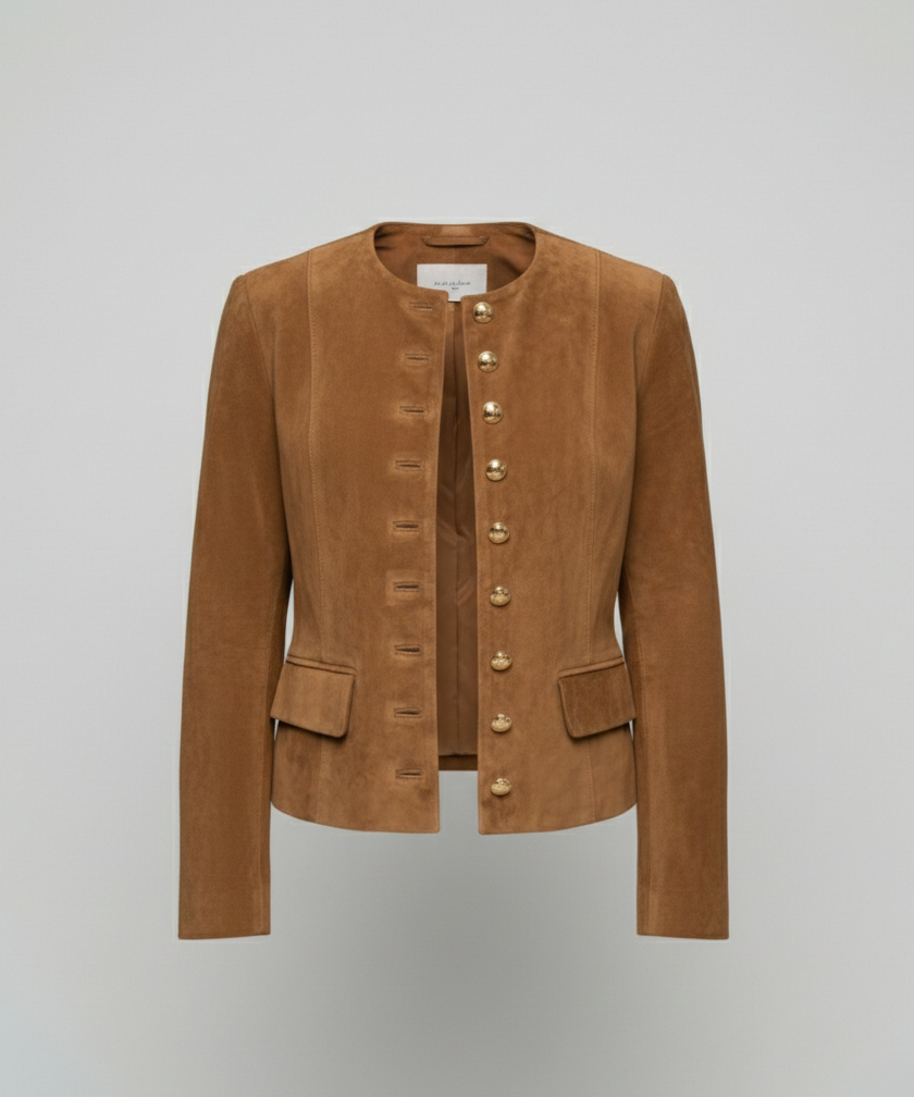 Tan suede jacket featuring a gold button front and a stylish collarless neckline, designed in a cropped tailored fit for a chic, modern look. 4