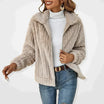 Cozy teddy fleece jacket with zip front and fold-over collar in a relaxed fit cropped style, perfect for layering in cooler weather. 0