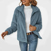 Cozy teddy fleece jacket with zip front and fold-over collar in a relaxed fit cropped style, perfect for layering in cooler weather. 2