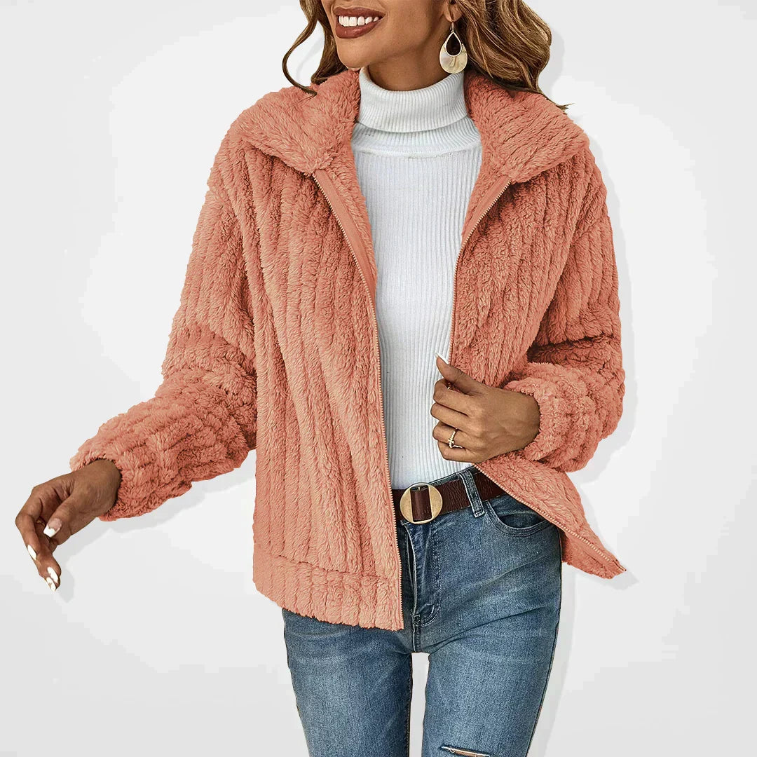 Cozy teddy fleece jacket with zip front and fold-over collar in a relaxed fit cropped style, perfect for layering in cooler weather. 3