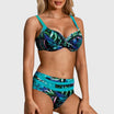 Tropical print bikini set for women featuring a vibrant forest green two-piece swimsuit made from a comfortable polyester and spandex blend. 0