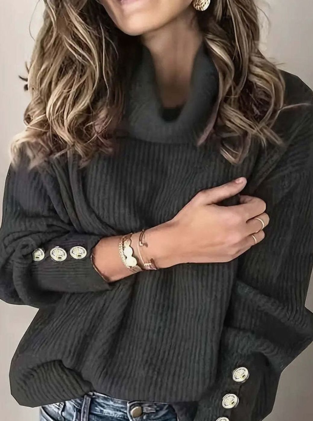 Turtleneck knit sweater with button cuffs in a relaxed fit, perfect for casual everyday wear, featuring a warm and cozy design ideal for fall and winter 3