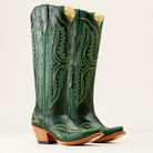 Olive leather western boot featuring a sculpted heart design and stylish metal accents, perfect for adding a unique touch to any outfit. 0