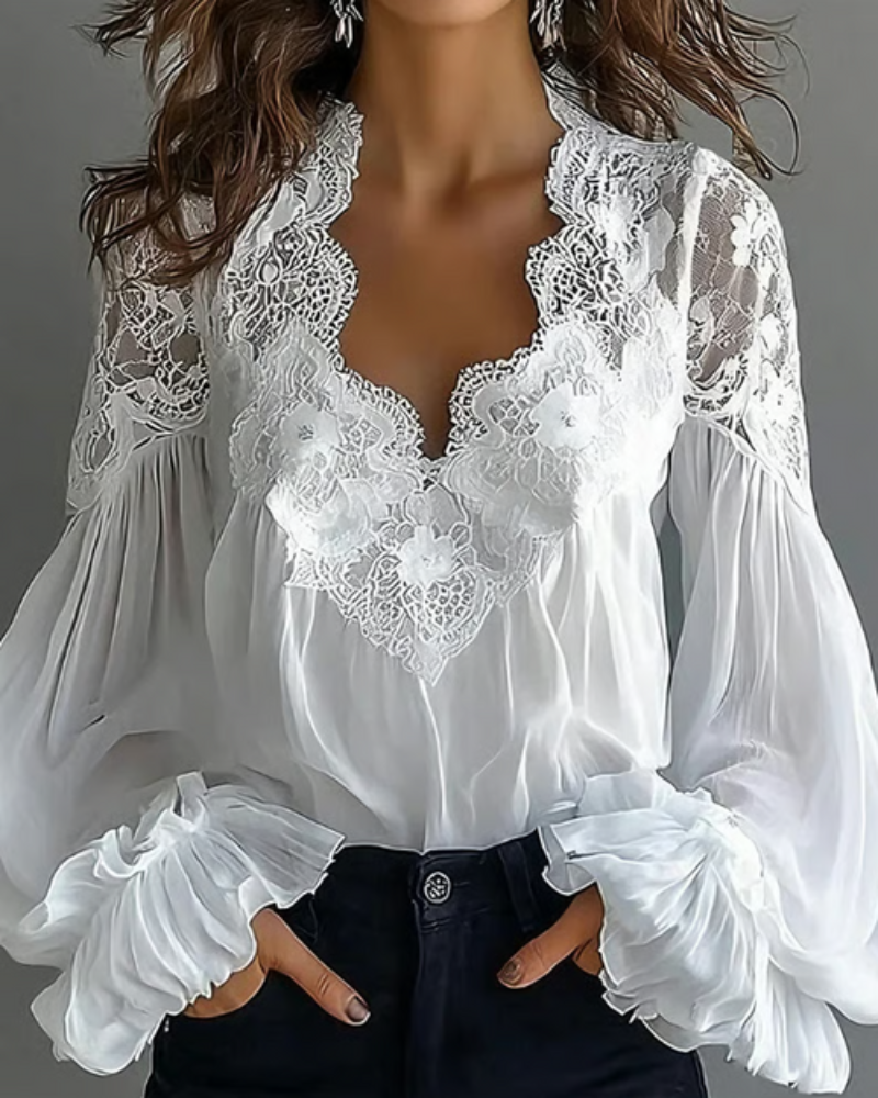 Elegant white blouse featuring a scalloped floral neckline and long lantern sleeves, perfect for summer outings and casual chic outfits for women. 0