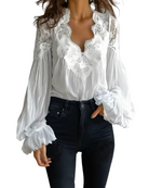 Elegant white blouse featuring a scalloped floral neckline and long lantern sleeves, perfect for summer outings and casual chic outfits for women. 1