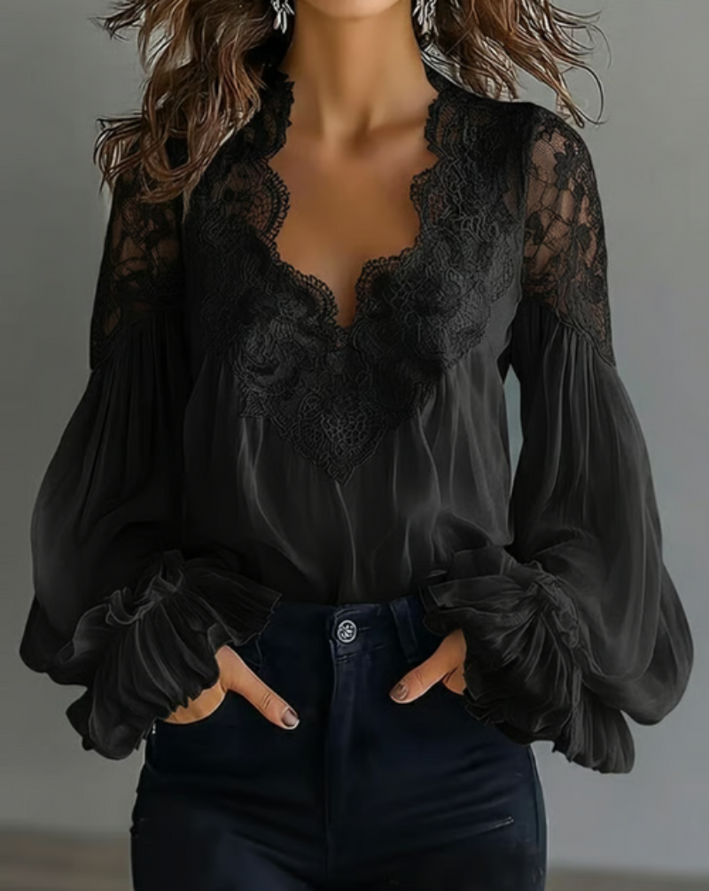 Elegant white blouse featuring a scalloped floral neckline and long lantern sleeves, perfect for summer outings and casual chic outfits for women. 2