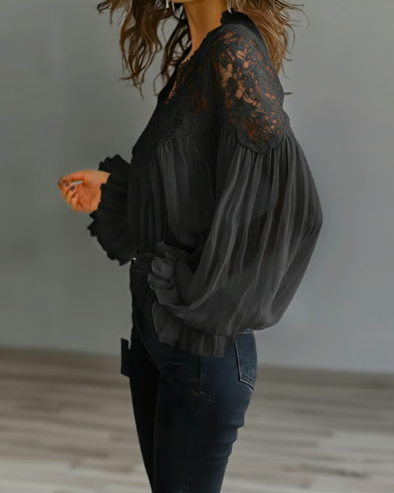 Elegant white blouse featuring a scalloped floral neckline and long lantern sleeves, perfect for summer outings and casual chic outfits for women. 4