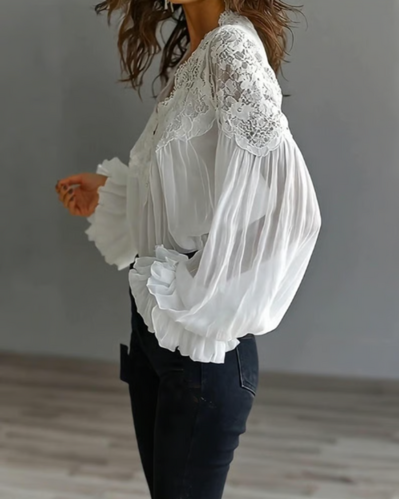Elegant white blouse featuring a scalloped floral neckline and long lantern sleeves, perfect for summer outings and casual chic outfits for women. 5