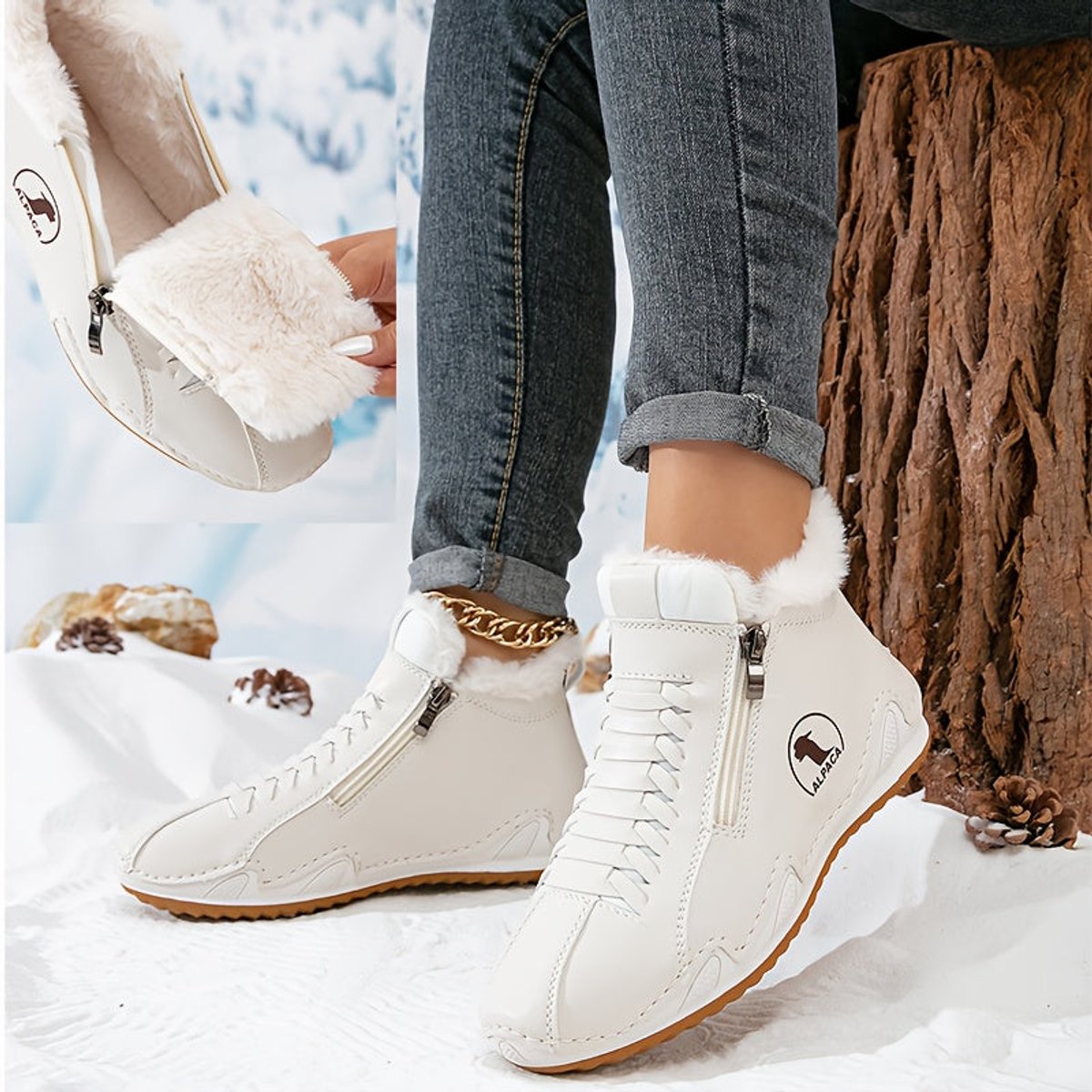 Women's black ankle boots featuring a faux-fur lining and a wide toe box, designed for comfort and warmth during winter. 0
