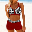 Women's bikini set featuring a stylish V-neck halter top and comfortable swim shorts, made from lightweight polyester and spandex, perfect for beachwear and summer 1