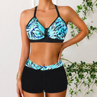 Women's bikini set featuring a stylish V-neck halter top and comfortable swim shorts, made from lightweight polyester and spandex, perfect for beachwear and summer 4