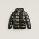 Women's black puffer jacket featuring a stylish attached hood, glossy quilted design, and convenient zip pockets, designed for a relaxed fit perfect for winter wear 8