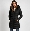 Women's black puffer jacket with hood, featuring lightweight insulation and mid-thigh length, perfect for winter wear. 0
