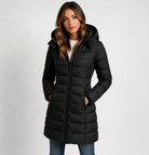 Women's black puffer jacket with hood, featuring lightweight insulation and mid-thigh length, perfect for winter wear. 0