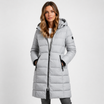 Women's black puffer jacket with hood, featuring lightweight insulation and mid-thigh length, perfect for winter wear. 1