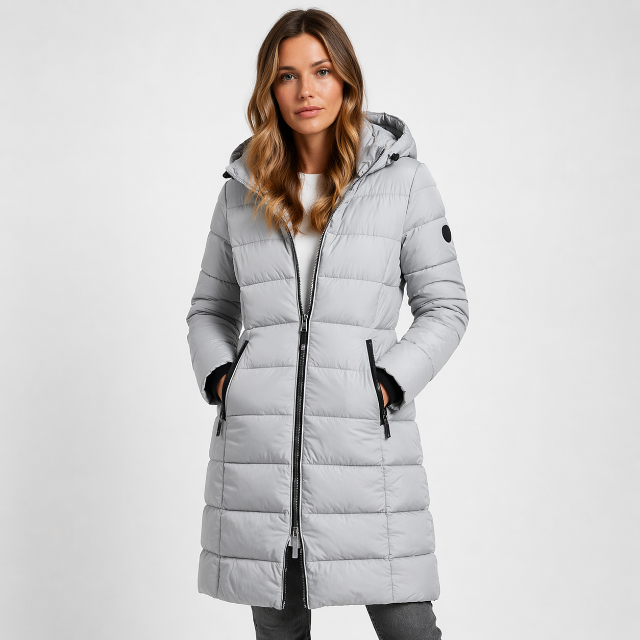 Women's black puffer jacket with hood, featuring lightweight insulation and mid-thigh length, perfect for winter wear. 1